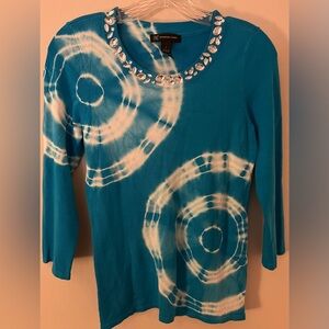 INC Women’s Turquoise Top, w/Bling Neckline 3/4 Sleeve Tie Dye Spirals; Size S